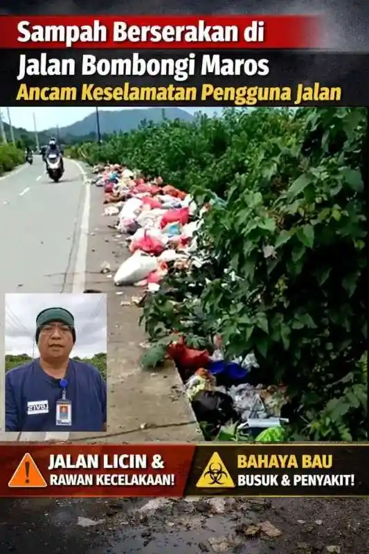 Sampah Berserakan di Jalan Bombongi Maros Ancam Keselamatan Pengguna Jalan