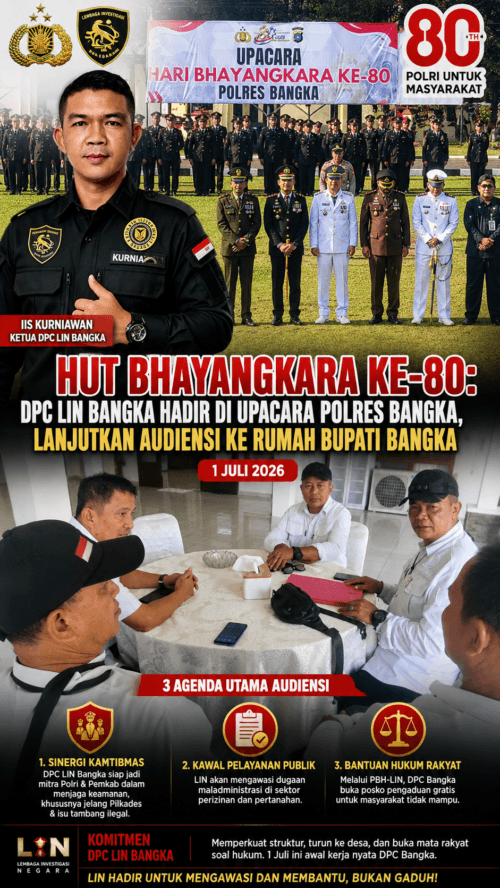 HUT Bhayangkara ke-80: Ketua DPC LIN Bangka Hadiri Upacara di Polres Bangka, Lanjutkan Audiensi dengan Bupati Bangka Bahas Sinergi Kamtibmas dan Pelayanan Publik