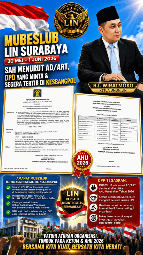 MUBESLUB LIN Surabaya 2026 Ditegaskan Sah Sesuai AD/ART, DPP Minta Seluruh DPD Segera Tertib Administrasi di Kesbangpol
