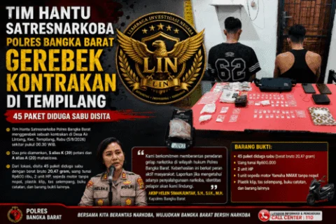 Tim Hantu Satresnarkoba Polres Bangka Barat Gerebek Kontrakan di Tempilang, 45 Paket Diduga Sabu Disita