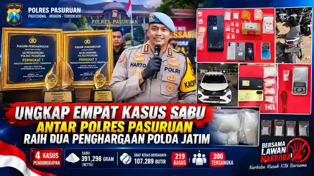 Ungkap Empat Kasus Sabu Antar Polres Pasuruan Raih Dua Penghargaan Polda Jatim
